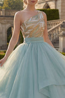 Load image into Gallery viewer, Sparkly Long Dusty Blue Sequin Princess Quinceanera Dress with Ruffles