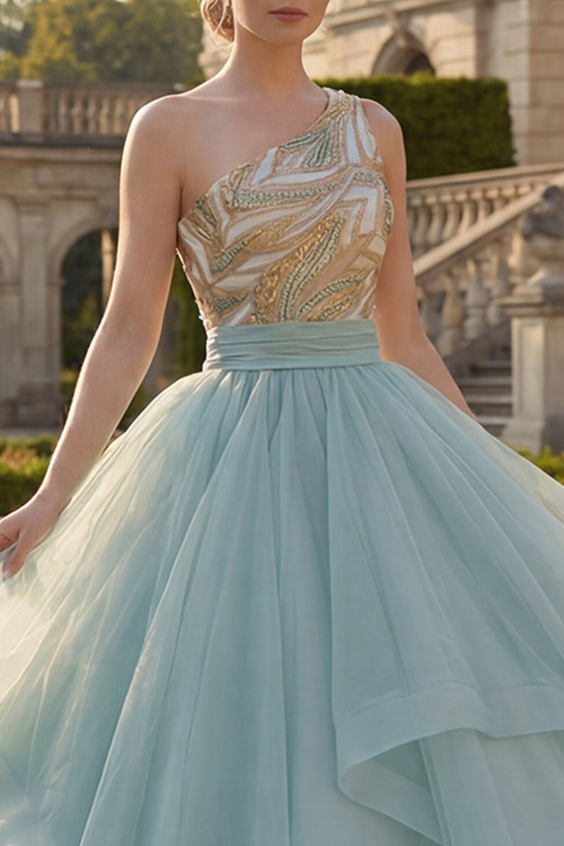 Load image into Gallery viewer, Sparkly Long Dusty Blue Sequin Princess Quinceanera Dress with Ruffles