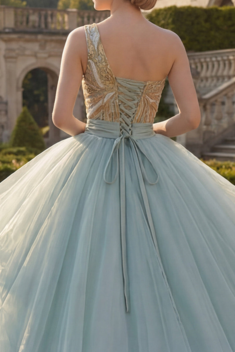 Load image into Gallery viewer, Sparkly Long Dusty Blue Sequin Princess Quinceanera Dress with Ruffles