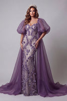 Load image into Gallery viewer, Sparkly Purple Long Floral Puff Sleeves Mermaid Beaded Evening Dress with Cape