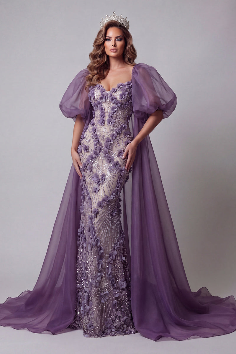 Load image into Gallery viewer, Sparkly Purple Long Floral Puff Sleeves Mermaid Beaded Evening Dress with Cape