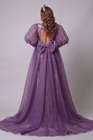 Load image into Gallery viewer, Sparkly Purple Long Floral Puff Sleeves Mermaid Beaded Evening Dress with Cape