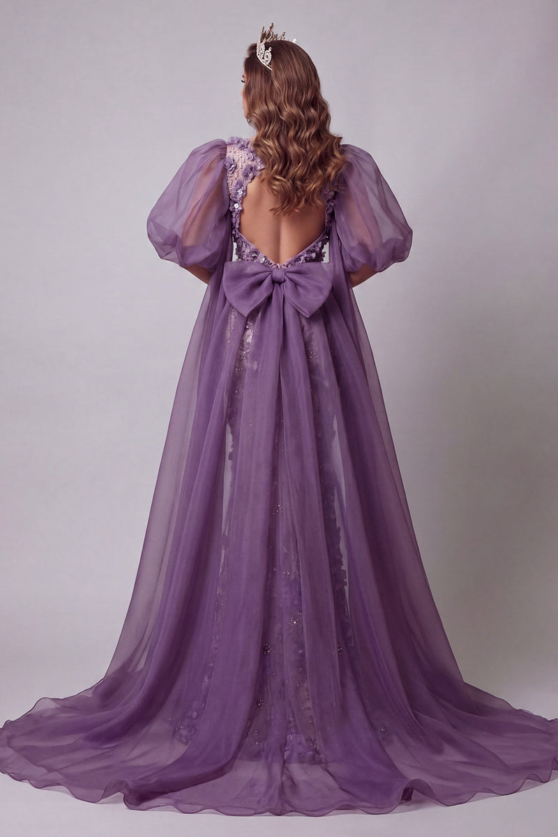 Load image into Gallery viewer, Sparkly Purple Long Floral Puff Sleeves Mermaid Beaded Evening Dress with Cape