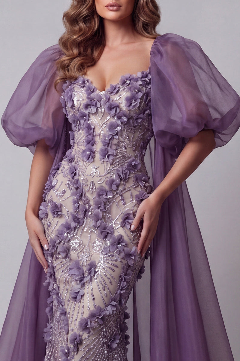 Load image into Gallery viewer, Sparkly Purple Long Floral Puff Sleeves Mermaid Beaded Evening Dress with Cape