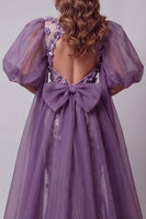Load image into Gallery viewer, Sparkly Purple Long Floral Puff Sleeves Mermaid Beaded Evening Dress with Cape