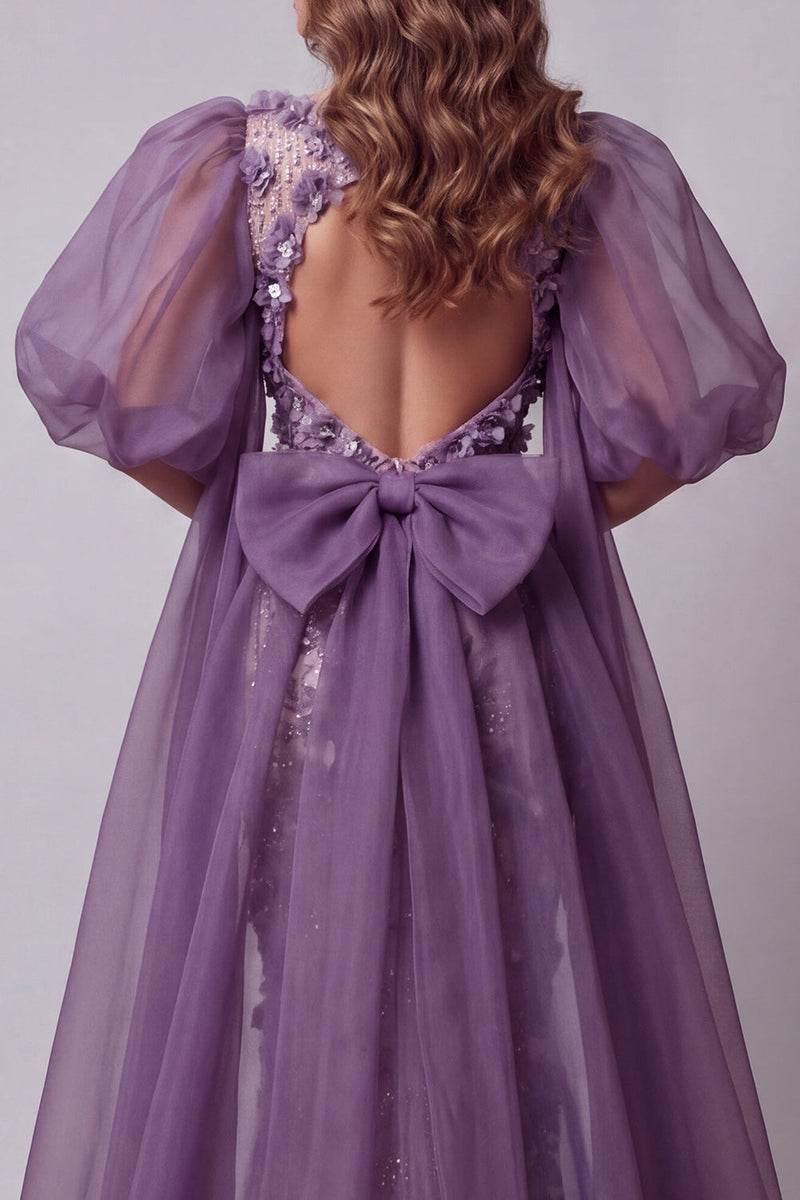 Load image into Gallery viewer, Sparkly Purple Long Floral Puff Sleeves Mermaid Beaded Evening Dress with Cape