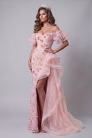 Load image into Gallery viewer, Ruffled Pink Mermaid Long Off the Shoulder Floral Evening Dress with Slit