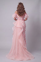 Load image into Gallery viewer, Ruffled Pink Mermaid Long Off the Shoulder Floral Evening Dress with Slit