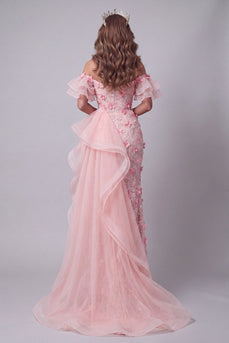 Ruffled Pink Mermaid Long Off the Shoulder Floral Evening Dress with Slit