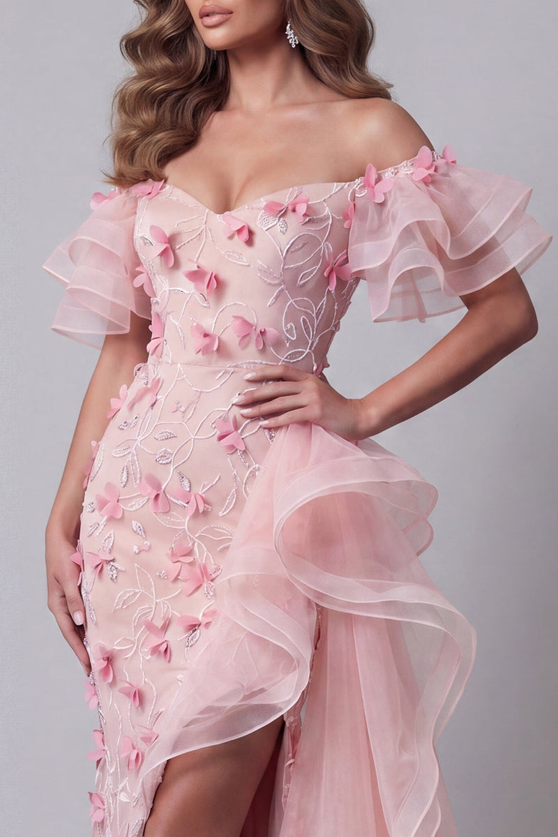 Load image into Gallery viewer, Ruffled Pink Mermaid Long Off the Shoulder Floral Evening Dress with Slit
