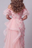 Load image into Gallery viewer, Ruffled Pink Mermaid Long Off the Shoulder Floral Evening Dress with Slit
