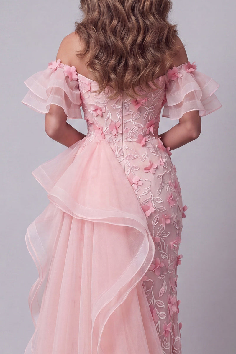 Load image into Gallery viewer, Ruffled Pink Mermaid Long Off the Shoulder Floral Evening Dress with Slit