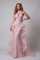 Load image into Gallery viewer, Floral Pink Mermaid Long Halter Keyhole Ruffled Evening Dress with Cape