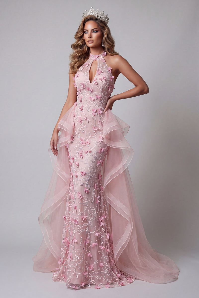 Load image into Gallery viewer, Floral Pink Mermaid Long Halter Keyhole Ruffled Evening Dress with Cape