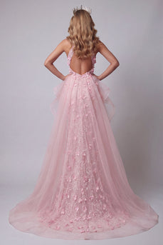 Floral Pink Mermaid Long Halter Keyhole Ruffled Evening Dress with Cape