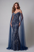 Load image into Gallery viewer, Sparkly Cold Shoulder Navy Mermaid Long Beaded Evening Dress with Cape
