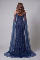 Load image into Gallery viewer, Sparkly Cold Shoulder Navy Mermaid Long Beaded Evening Dress with Cape