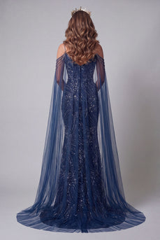 Sparkly Cold Shoulder Navy Mermaid Long Beaded Evening Dress with Cape