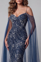 Load image into Gallery viewer, Sparkly Cold Shoulder Navy Mermaid Long Beaded Evening Dress with Cape