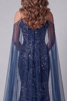 Load image into Gallery viewer, Sparkly Cold Shoulder Navy Mermaid Long Beaded Evening Dress with Cape