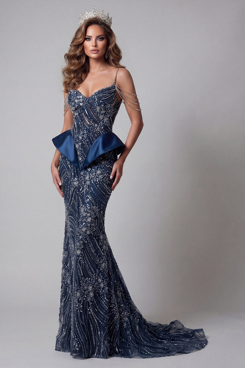 Load image into Gallery viewer, Sparkly Mermaid Navy Cold Shoulder Long Beaded Evening Dress with Ruffles