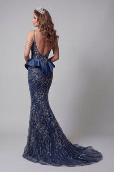 Sparkly Mermaid Navy Cold Shoulder Long Beaded Evening Dress with Ruffles