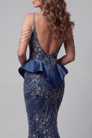 Load image into Gallery viewer, Sparkly Mermaid Navy Cold Shoulder Long Beaded Evening Dress with Ruffles