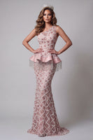 Load image into Gallery viewer, Sparkly Blush Mermaid One Shoulder Long Beaded Evening Dress with Fringes