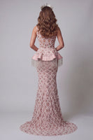 Load image into Gallery viewer, Sparkly Blush Mermaid One Shoulder Long Beaded Evening Dress with Fringes