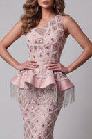 Load image into Gallery viewer, Sparkly Blush Mermaid One Shoulder Long Beaded Evening Dress with Fringes
