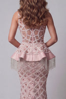 Load image into Gallery viewer, Sparkly Blush Mermaid One Shoulder Long Beaded Evening Dress with Fringes