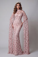 Load image into Gallery viewer, High Neck Sparkly Mermaid Blush Open Back Long Beaded Evening Dress with Cape