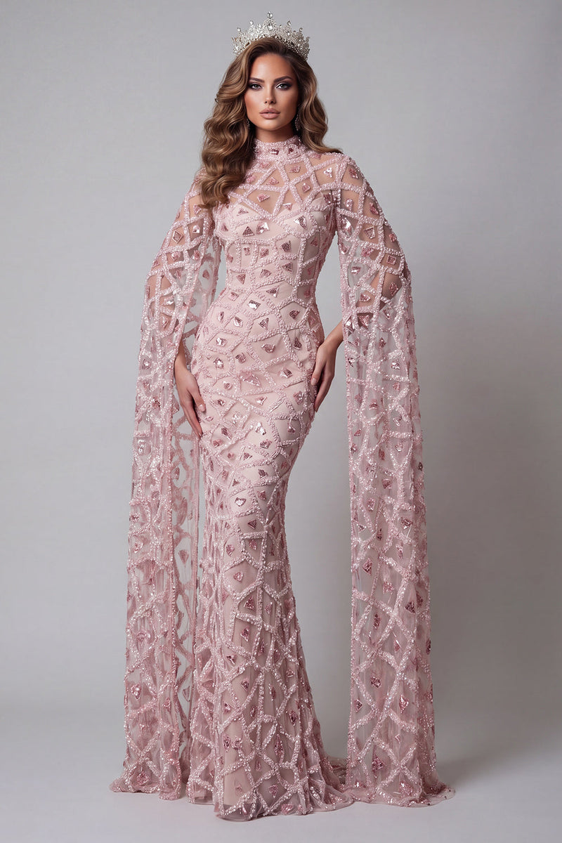 Load image into Gallery viewer, High Neck Sparkly Mermaid Blush Open Back Long Beaded Evening Dress with Cape