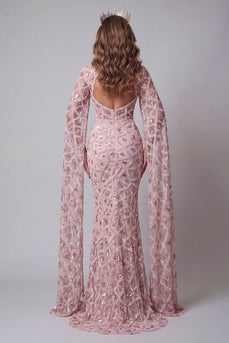 High Neck Sparkly Mermaid Blush Open Back Long Beaded Evening Dress with Cape