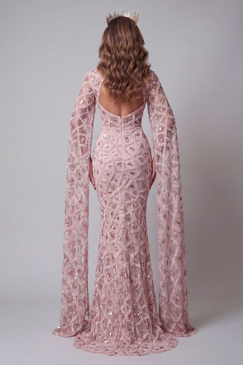 Load image into Gallery viewer, High Neck Sparkly Mermaid Blush Open Back Long Beaded Evening Dress with Cape