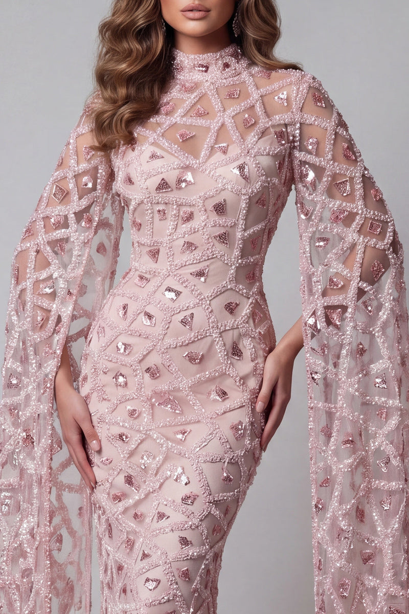 Load image into Gallery viewer, High Neck Sparkly Mermaid Blush Open Back Long Beaded Evening Dress with Cape