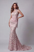 Load image into Gallery viewer, Sparkly Long Beaded Blush High Neck Ruched Mermaid Evening Dress with Fringes