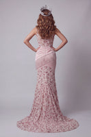Load image into Gallery viewer, Sparkly Long Beaded Blush High Neck Ruched Mermaid Evening Dress with Fringes