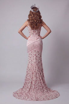 Sparkly Long Beaded Blush High Neck Ruched Mermaid Evening Dress with Fringes