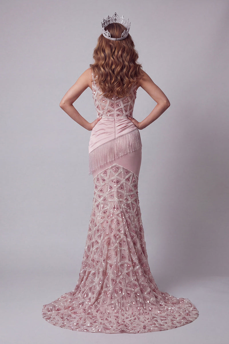 Load image into Gallery viewer, Sparkly Long Beaded Blush High Neck Ruched Mermaid Evening Dress with Fringes