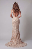 Load image into Gallery viewer, Sparkly Mermaid Champagne Long V-Neck Beaded Evening Dress with Pearls