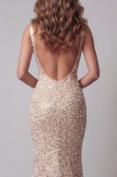Load image into Gallery viewer, Sparkly Mermaid Champagne Long V-Neck Beaded Evening Dress with Pearls