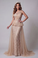 Load image into Gallery viewer, Sparkly Long Champagne Mermaid One Shoulder Beaded Evening Dress with Pearls