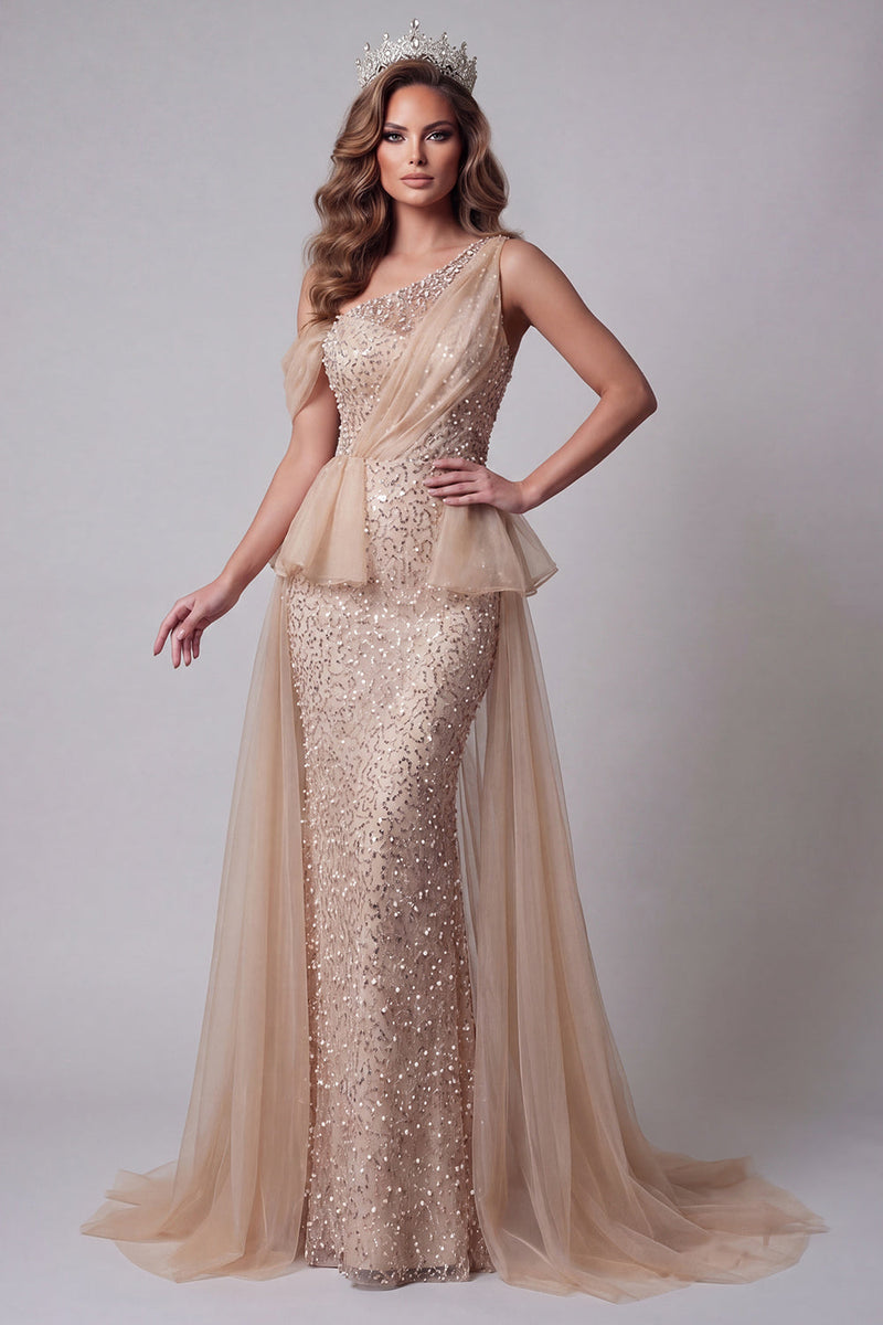 Load image into Gallery viewer, Sparkly Long Champagne Mermaid One Shoulder Beaded Evening Dress with Pearls