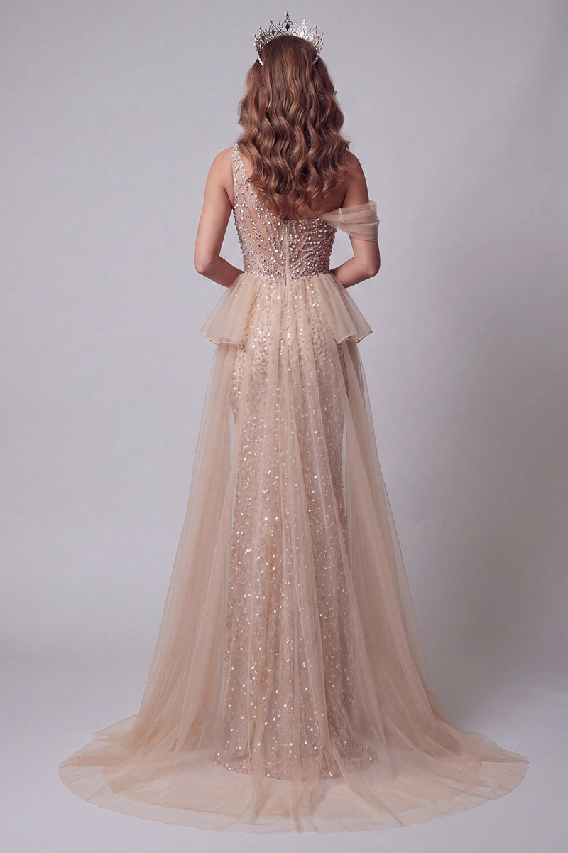 Load image into Gallery viewer, Sparkly Long Champagne Mermaid One Shoulder Beaded Evening Dress with Pearls