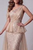 Load image into Gallery viewer, Sparkly Long Champagne Mermaid One Shoulder Beaded Evening Dress with Pearls
