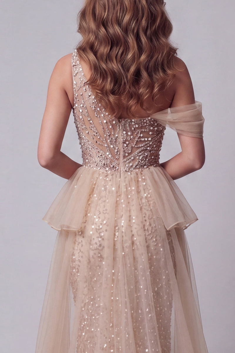 Load image into Gallery viewer, Sparkly Long Champagne Mermaid One Shoulder Beaded Evening Dress with Pearls