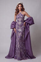 Load image into Gallery viewer, Sparkly Halter Purple Mermaid Long Floral Beaded Evening Dress with Cape