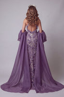 Load image into Gallery viewer, Sparkly Halter Purple Mermaid Long Floral Beaded Evening Dress with Cape