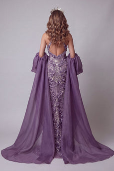Sparkly Halter Purple Mermaid Long Floral Beaded Evening Dress with Cape